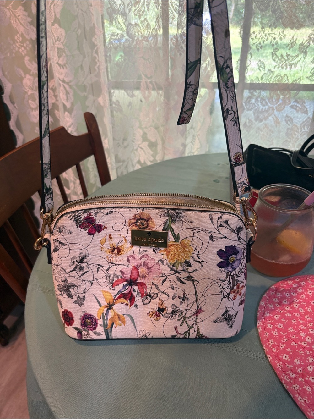 Faux kate spade Floral Print Crossbody in Light Pink and Multicolor